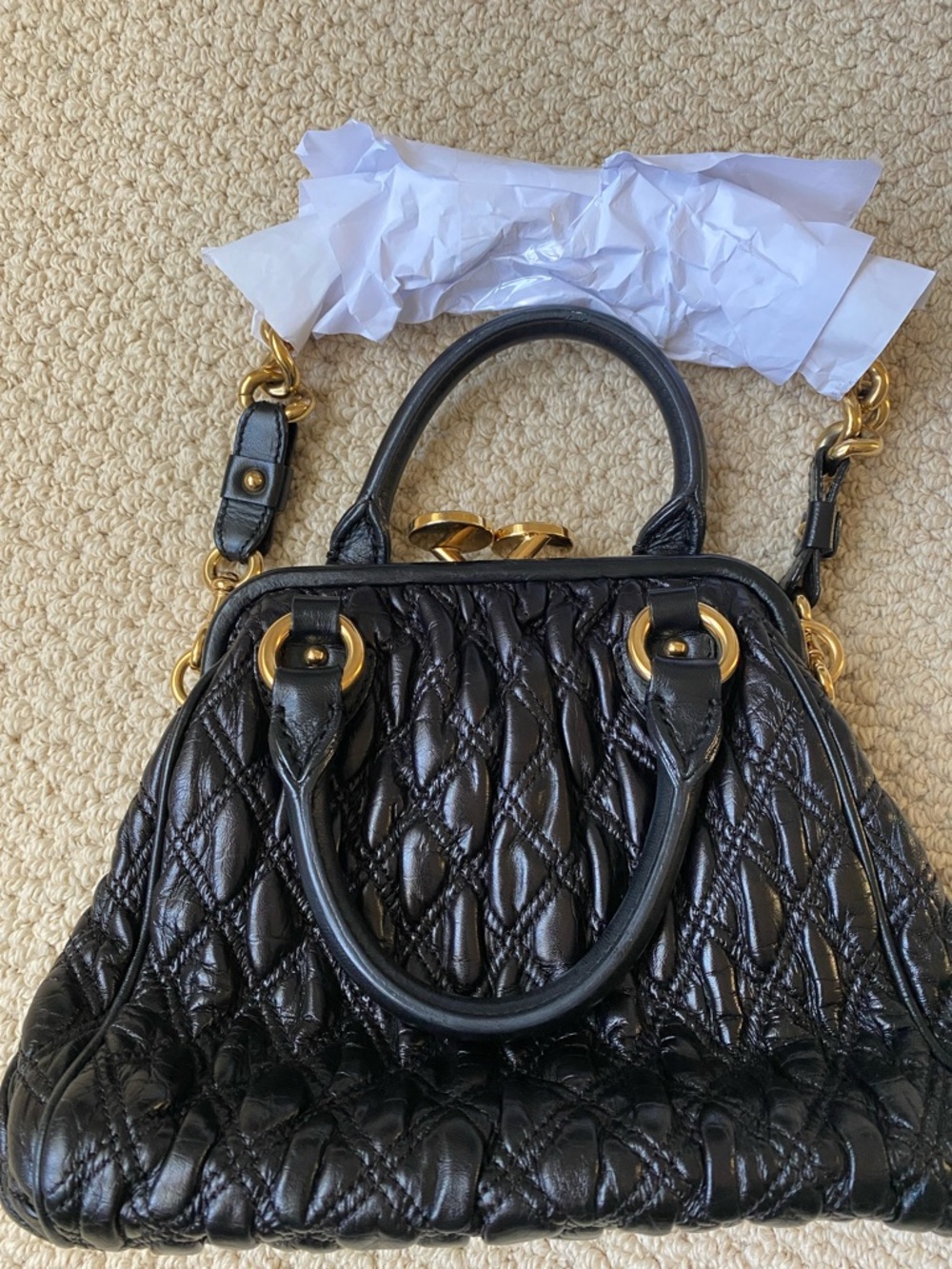 Marc Jacobs Stam Black Quilted Leather Satchel with Gold Rings